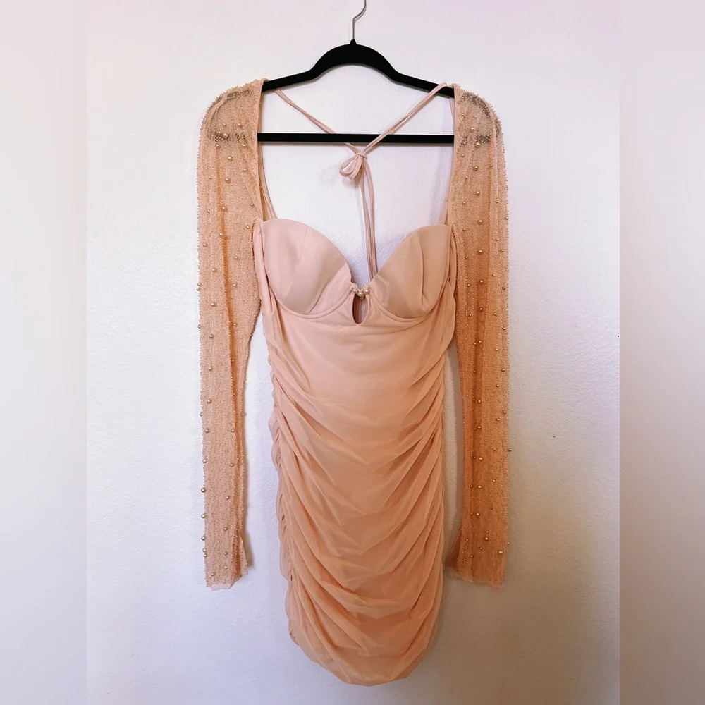 Oh Polly Peach Mesh Ruched Mini Dress - Picture 2 of 7